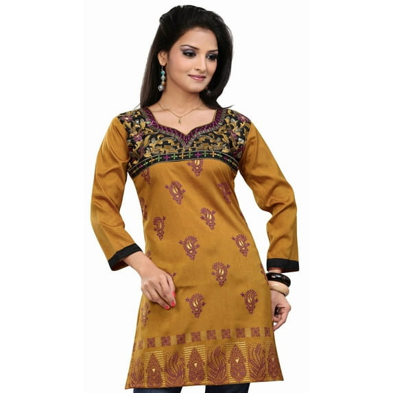 Maple Clothing Indian Tunics Kurti Top Long Blouse Women's India Apparel (Brown, XXL)
