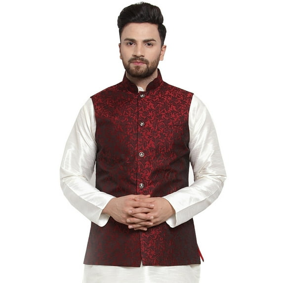 Maple Clothing Jacquard Men's Indian Traditional Nehru Jacket Sleeveless (Maroon, 3XL)