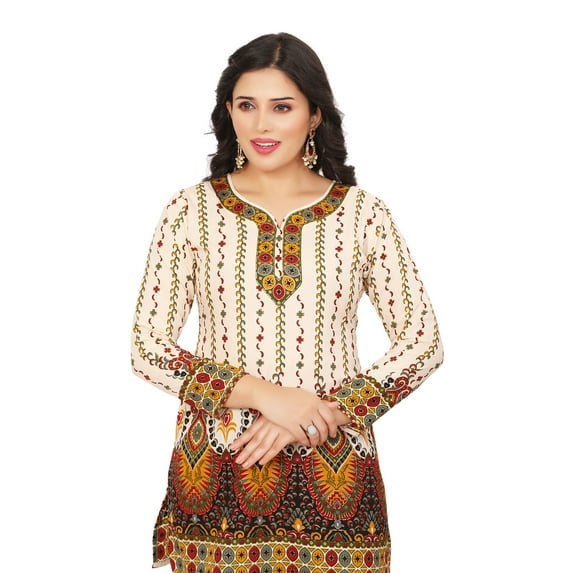 Maple Clothing Kurti Top Short Tunic Women's Printed Blouse India Clothing (Off White, XL)