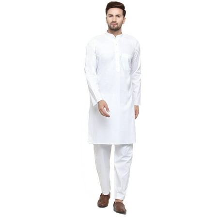 Maple Clothing Men's Cotton Indian Kurta Pajama Set (White, L)