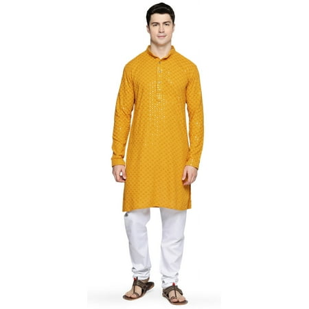 Maple Clothing Men's Cotton Sequined Traditional Festival Kurta Pajama India Apparel (Mustard, M)