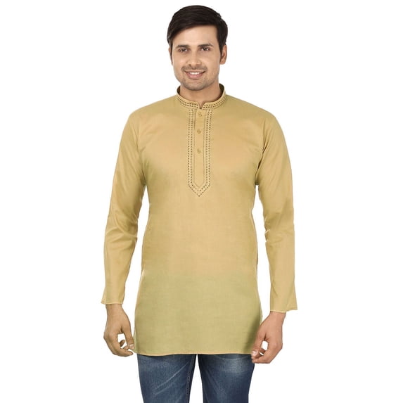 Maple Clothing Men's Embroidered Cotton Short Kurta Shirt India Clothes (Brown, XXL)