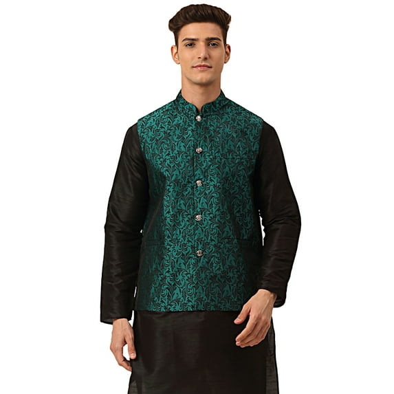 Maple Clothing Men's Jacquard Nehru Jacket Traditional Indian Waistcoat (Green, L)