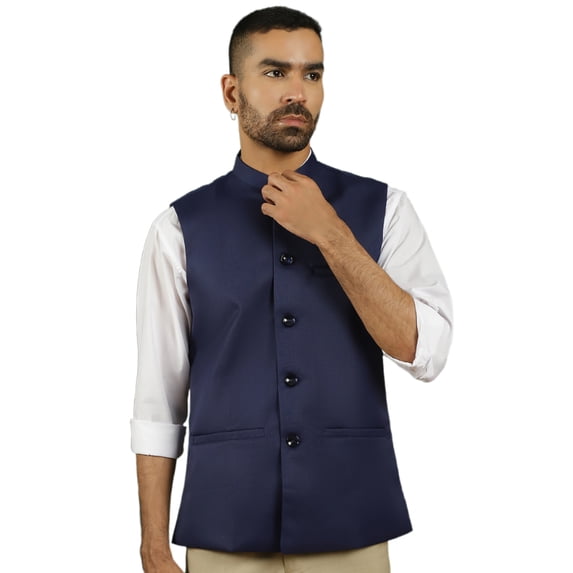 Maple Clothing Men's Nehru Jacket Outerwear Vest Traditional Sleeveless Indian Waistcoat (Nave Blue, L)