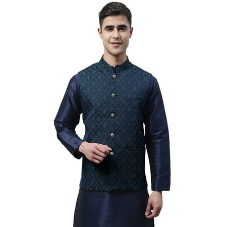Maple Clothing Men's Nehru Jacket Sleeveless Brocade Outerwear Vest Indian Waistcoat (Navy Blue/Teal, L)