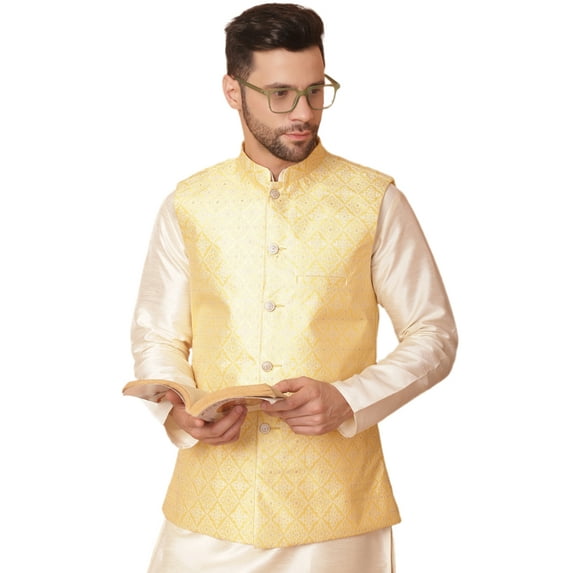 Maple Clothing Men's Sequins Indian Outerwear Vest Nehru Jacket Waistcoat Guest Outfit (Yellow, XL)