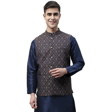 Maple Clothing Men's Sleeveless Modi Jacket Brocade Indian High Collar Waistcoat Vest (Navy Blue/Brown, M)