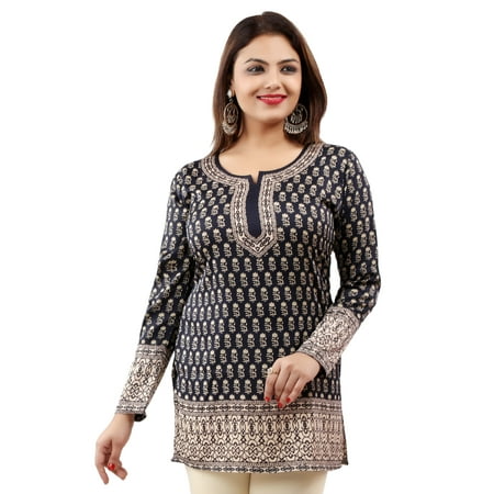 Maple Clothing Short Kurti Top Tunic Women's Printed Blouse India Clothing (Black, XL)