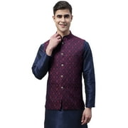 Maple Clothing Sleeveless Nehru Jacket Men's India Modi Waistcoat Vest Brocade Guest Outfit (Navy Blue/Maroon, S)
