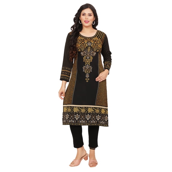 Maple Clothing Women's Long Kurta India Tunic Top Kurti (Black/Brown, S)