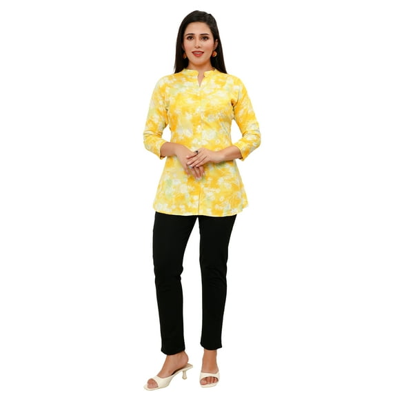 Maple Clothing Women's Short Kurta Cotton Indian Tunic Top Kurti (Yellow, L)