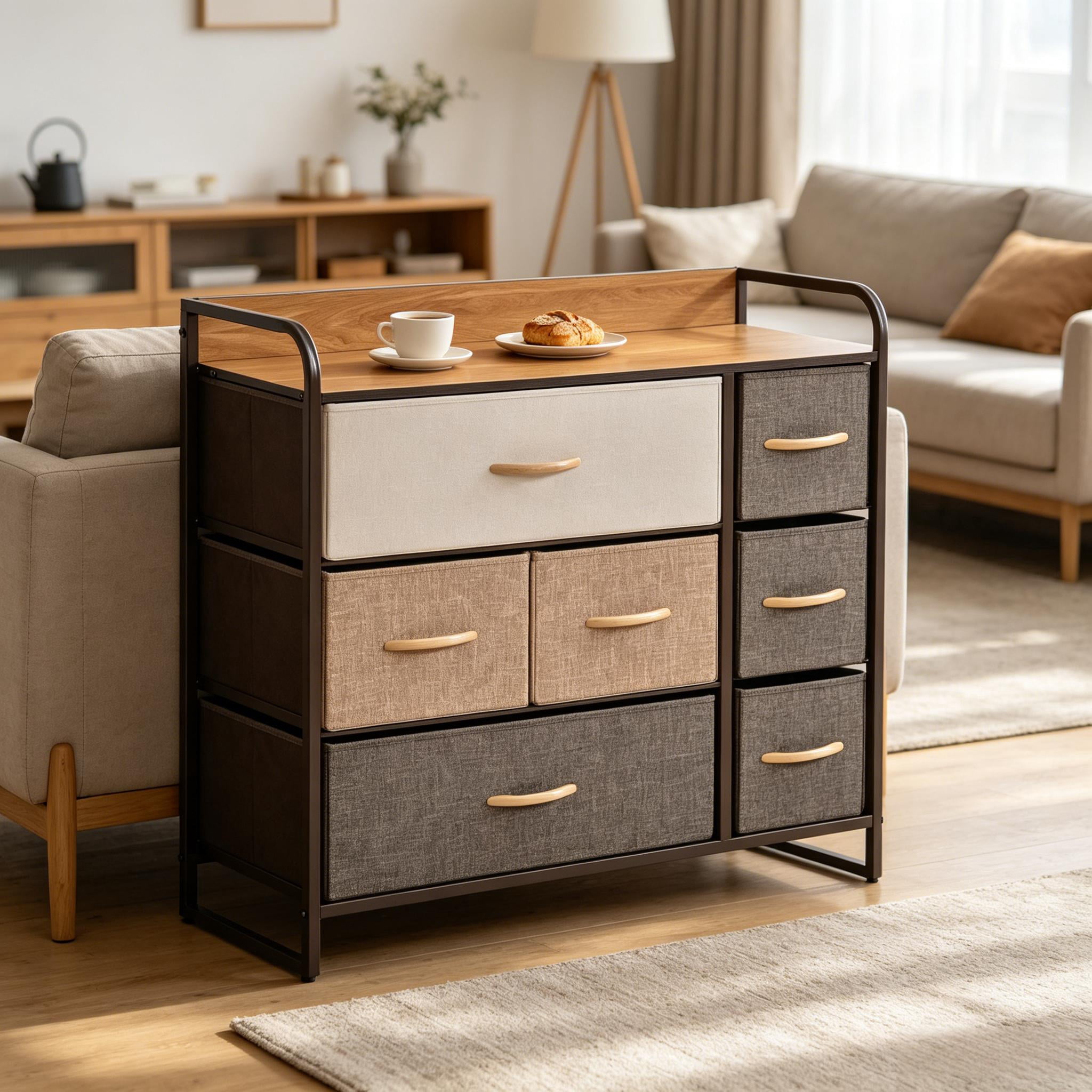 Maple Finish Vertical Storage Dresser with 7 Foldable Linen Drawers, Steel Frame Floor Cabinet with Open Top Shelf for Entryway Laundry Living Room