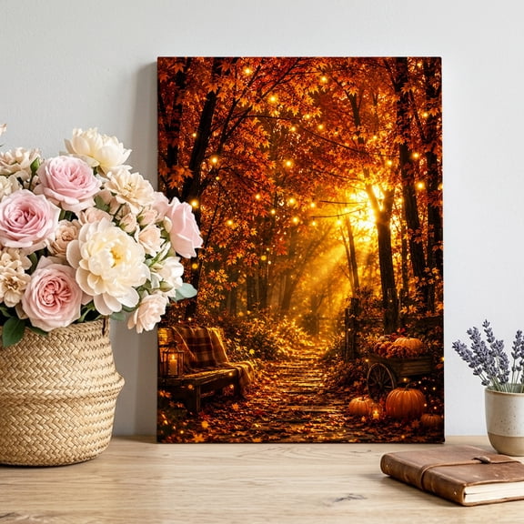 Maple Forest Canvas Wall Art, Fall Orange Golden Pumpkins Tree Rustic Fairy Lights Painting Pictures Print Framed Canvas Wall Decor Artwork Decorations Ready to Hang for Living Room Bedroom 10"x8"
