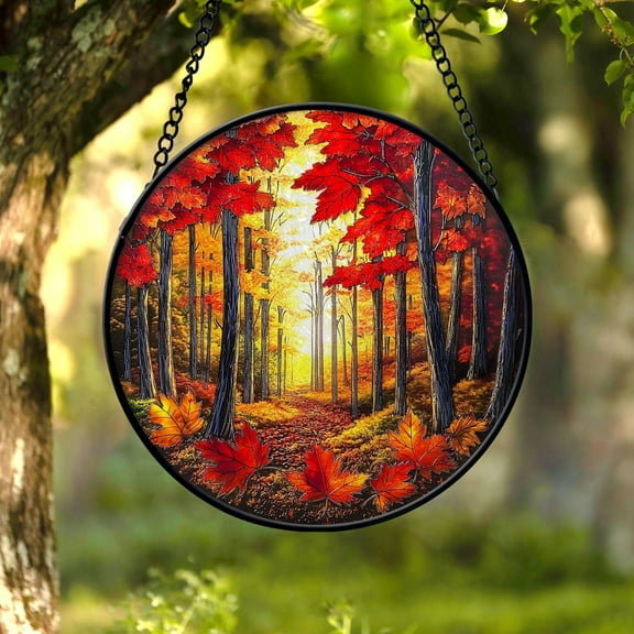 Maple Forest Faux Stained Glass Suncatcher - Vibrant Autumn Maple Leaves and Golden Sunset Forest Scene - Beautiful Fall Window Hanging Art