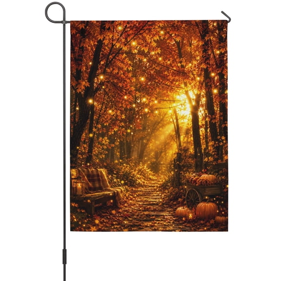 Maple Forest Garden Flags For Outdoor, Fall Orange Golden Pumpkins Tree Rustic Fairy Lights Small Double Side Yard Flags Weather Proof Garden Decor for Lawn Outside Holiday 12 x 18 Inches