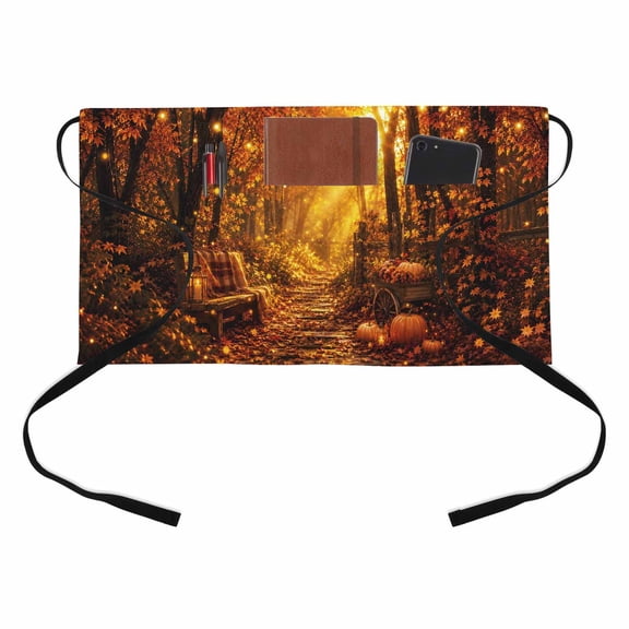 Maple Forest Kitchen Restaurant Half Waist Apron, Fall Orange Golden Pumpkins Tree Rustic Fairy Lights Server Short Apron with 3 Pockets Waterproof Oil Waist Aprons for Women Waitress Waiter