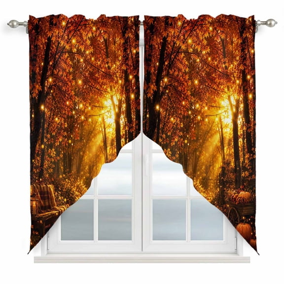 Maple Forest Swag Curtain Valance for Windows, Fall Orange Golden Pumpkins Tree Rustic Fairy Lights Window Treatments Short Swag Topper for Kitchen Windows Bathroom Bedroom, 28"x36"