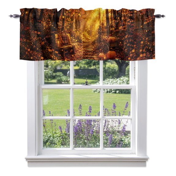 Maple Forest Valances for Windows, Fall Orange Golden Pumpkins Tree Rustic Fairy Lights Valance Window Treatment Rod Pocket Short Curtains Valances for Kitchen Bathroom 42"W x 12"L
