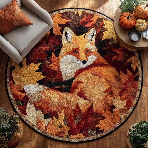 Maple Fox Quilted Round Mat, 3D Optical Illusion Fox Rug, Autumn Maple Forest Floor Mat, Wildlife Home Decor, Indoor Outdoor Area Rug