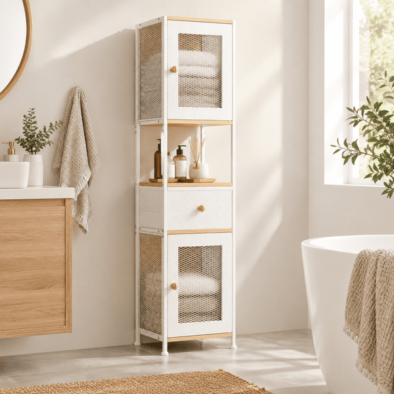 Maple Freestanding Tall Bathroom Storage Cabinet with Doors and Drawer