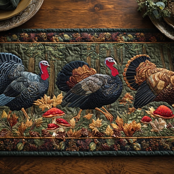Maple Grove Turkey Quilted Table Runner for Kitchen Table, Cozy Seasonal Home Dining Decor