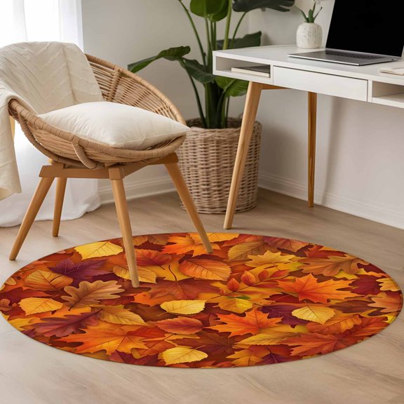 Maple Leaf 3.3ft Round Rug for Bedroom Reading Corner, Country Fall Orange Brown Leaf Texture Farmhouse Washable Non Slip Circle Area Rug