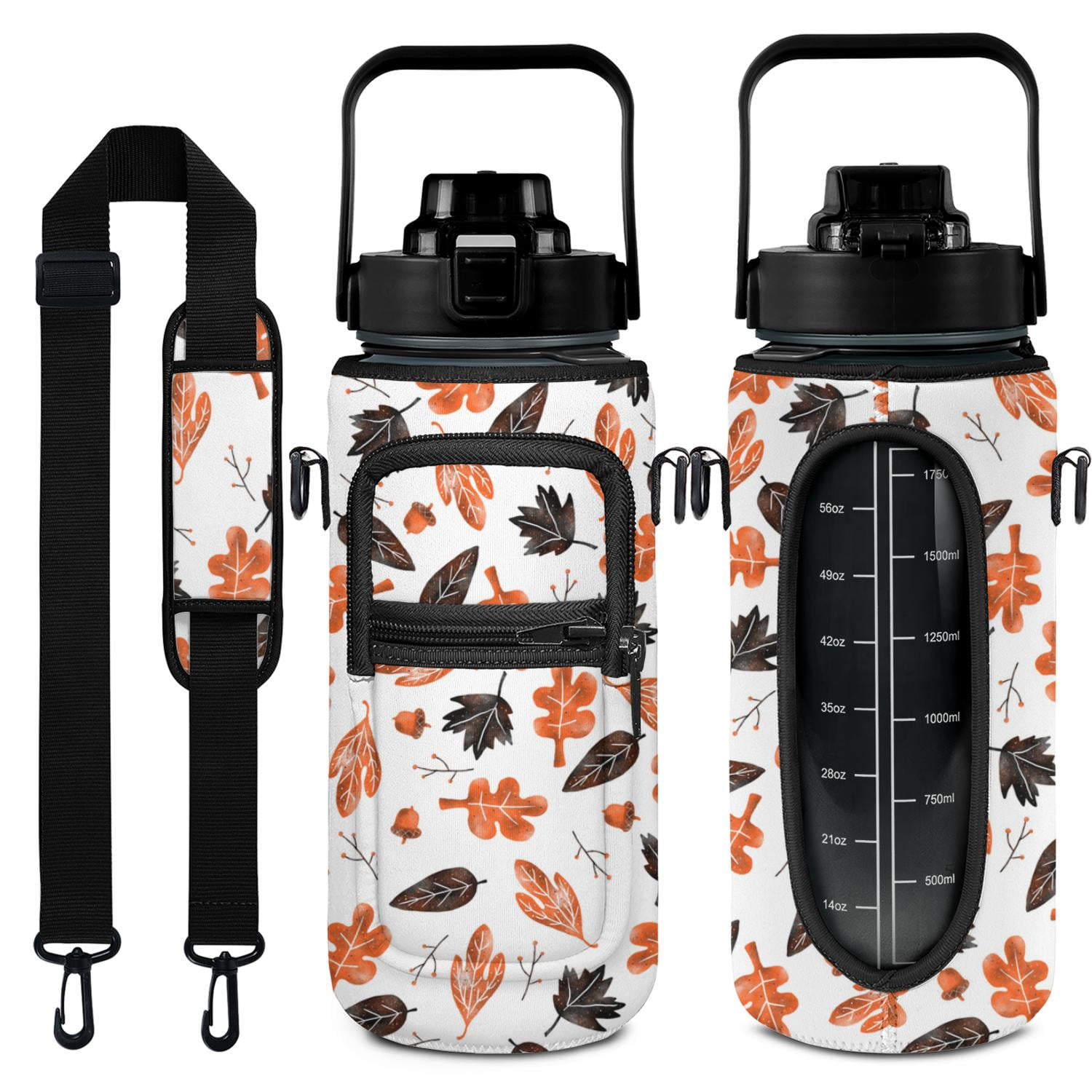 Maple Leaf 64 Oz Water Bottle with Sleeve - BPA Free Leakproof Sport Large Plastic Water Bottle with Straw Strap & Insulated Neoprene Holder Carrier Bag Great Gift for Women Men