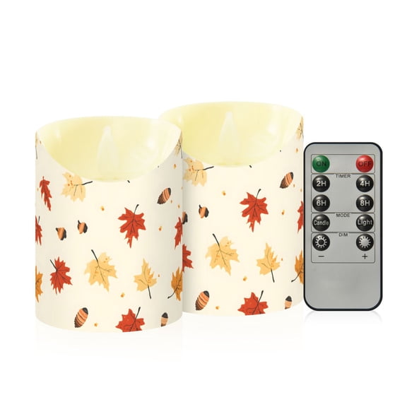 Maple Leaf Autumn Flameless Candles 2 PCS with Remote Realistic Moving Flame LED Tapered Pillar Set for Home Decor