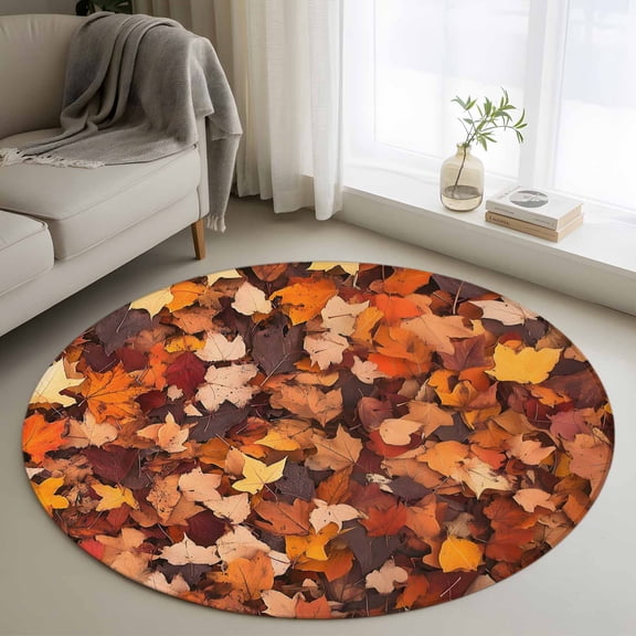Maple Leaf Autumn Round Area Rug 4 FT, Non Slip Indoor Outdoor Rug, Farmhouse Fall Botanical Leaves Washable Soft Circular Carpet Non-Shedding Floor Mat for Coffee Table Nursery Foyer Balcony