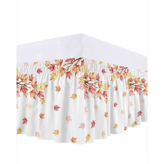 Maple Leaf Bed Skirt Fall Fallen Leaves Branch Autumn Plant Bed Skirts Queen Size 16 Inch Drop, Wrap Around Dust Ruffle Bedskirt with Adjustable Elastic Belt for Queen Size Beds