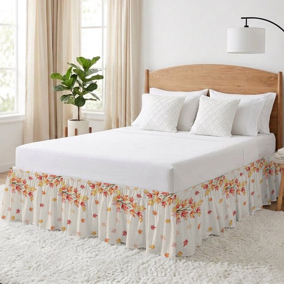 Maple Leaf Bed Skirt Queen Size 18 Inch Drop, Fall Fallen Leaves Branch Vintage Linen Autumn Adjustable Elastic Dust Ruffles Bedskirt for Queen Bed Wrap Around Pleated Mattress Frame Cover