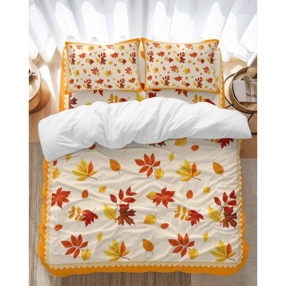 Maple Leaf Bedding Duvet Cover Set Full Size 4 Pieces Fall Leaves Thanksgiving Autumn Orange Bedding Set with Zipper Closure, 1 Comforter Cover 86x86 Inches 1 Flat Sheet & 2 Pillow Cases