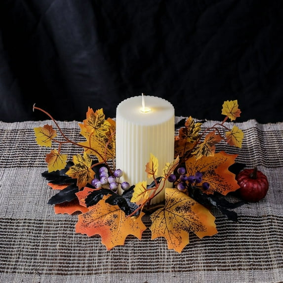 Maple Leaf Berry Candle Wreath Decor for Thanksgiving Halloween - Reusable Plastic Table Centerpiece for Home Parties, Gifts & Seasonal Displays - Festive Ornament for Candles and Walls(Yellow)