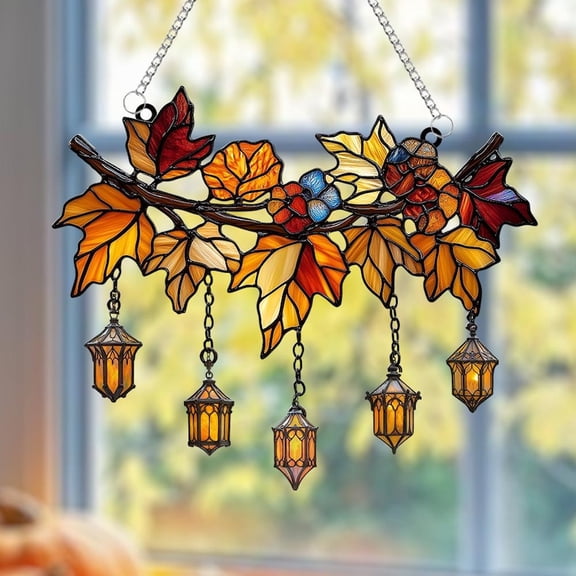 Maple Leaf Branch Faux Stained Glass Suncatcher, Amber Green Acrylic Fall Window Lantern Hanging, Harvest Porch Decor Gift For Autumn Lovers