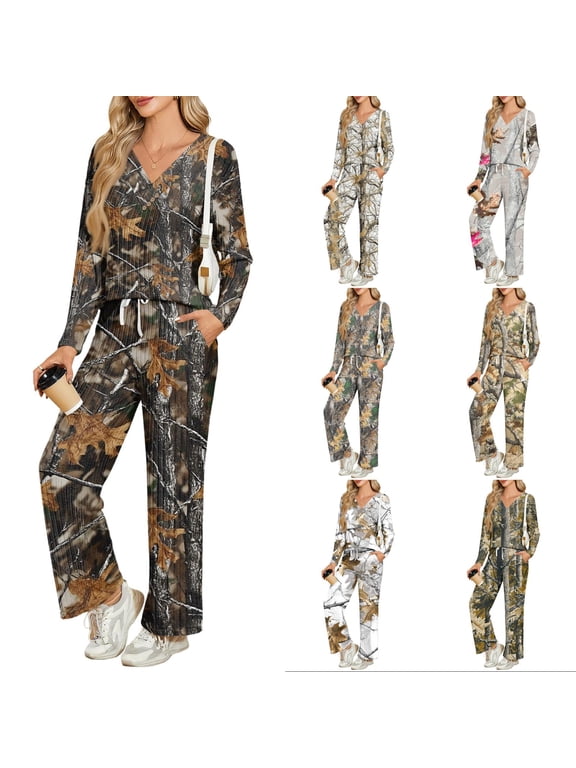 Maple Leaf Camouflage Ribbed Knit 2 Piece Outfit for Women Long Sleeve V Neck Button Detail Top Drawstring Wide Leg Pants with Pockets Casual Lounge Athleisure Set