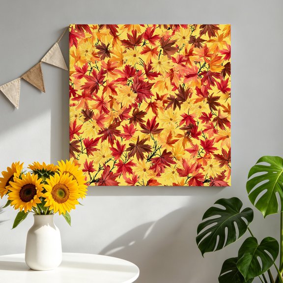 Maple Leaf Canvas Wall Art, Fall Yellow and Red Maple Leaves Floral Botanical Country Framed Canvas Wall Decor Picture Print Artwork Decorations for Living Room Office Ready to Hang 16" x 16"