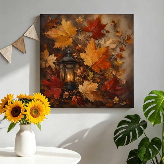 Maple Leaf Canvas Wall Art for Living Room, Shabby Chic Glowing Vintage Lanterns Rustic Amber Leaf Poster Print Painting for Bedroom Office Home Decoration Wall Pictures Prepare To Hang 8"x8"