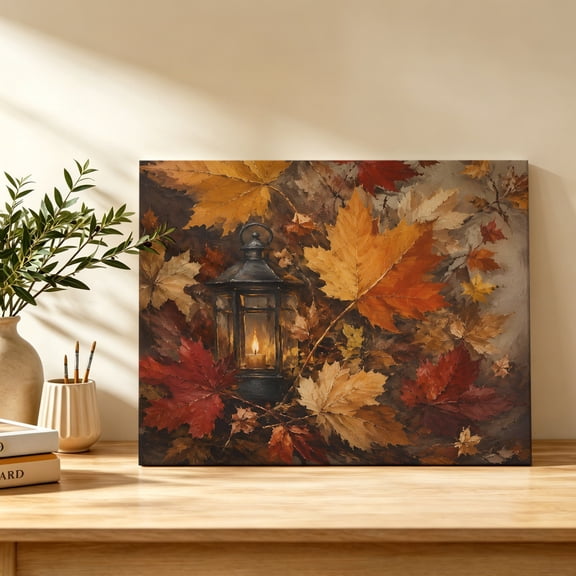 Maple Leaf Canvas Wall Art, Shabby Chic Glowing Vintage Lanterns Rustic Amber Leaf Wall Art Prints Artwork Framed Canvas Ready to Hang Art Pictures for Study Living Dining Room Bedroom 20" x 16"