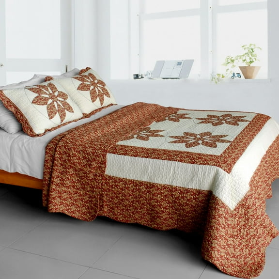 Maple Leaf Cotton 3PC Vermicelli-Quilted Printed Quilt Set (Full/Queen Size)