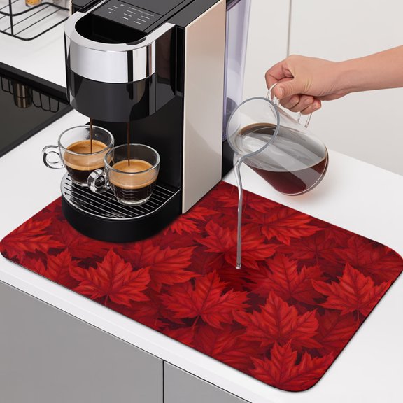 Maple Leaf Dish Drying Mats for Kitchen Counter, Canada Day July 1st Absorbent Coffee Bar Mat with Non-slip Rubber Backed Quick Drying Dish Rack Pad 12"x16"