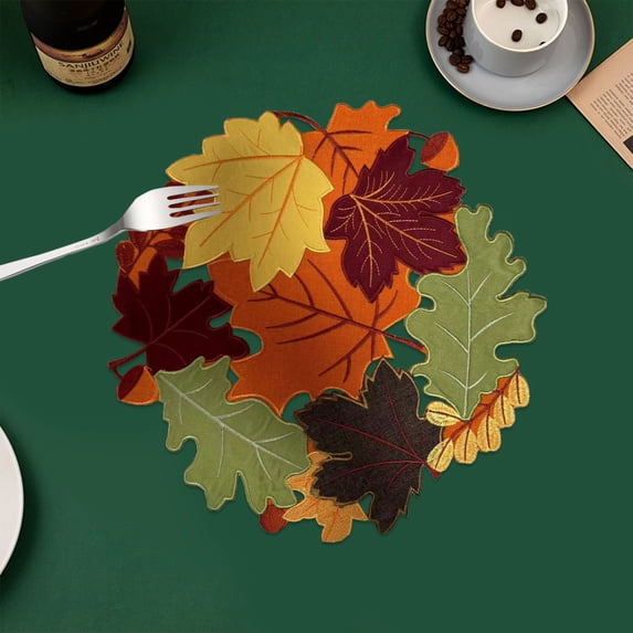 Maple Leaf Embroidered Placemats, Thanksgiving Pumpkin Applique Pads, Openwork Design, Heat Insulation, Waterproof Oil-Proof, Easy Clean, Double-Sided, Table Protection, Versatile Use