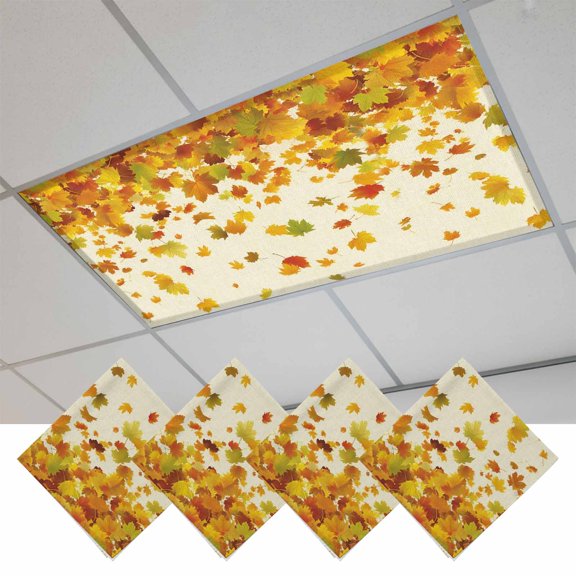 Maple Leaf Fall Fluorescent Light Covers, Thanksgiving Fallen Leaves Autumn Rustic Magnetic Light Covers for Ceiling Lights, Fluorescent Ceiling Shade for Classroom Bedroom Office 4x2Ft x 4PCS