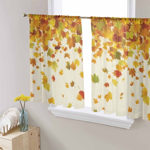 Maple Leaf Fall Sheer Curtains 54 Inch Length 2 Panels Set for Living Room/Bedroom, Thanksgiving Fallen Leaves Autumn Rustic Curtain Sheers Drapes Rod Pocket Curtains Window Treatment Set 52''x54''x2