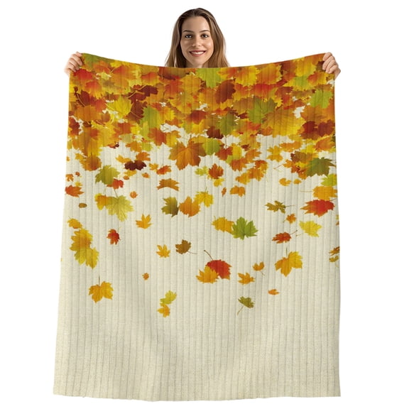 Maple Leaf Fall Throw Blanket, Flannel Fleece Blanket with Striped Design for Couch, Thanksgiving Fallen Leaves Autumn Rustic Soft Breathable All Season Plush Blankets for Sofa Office Chair 30"x40"