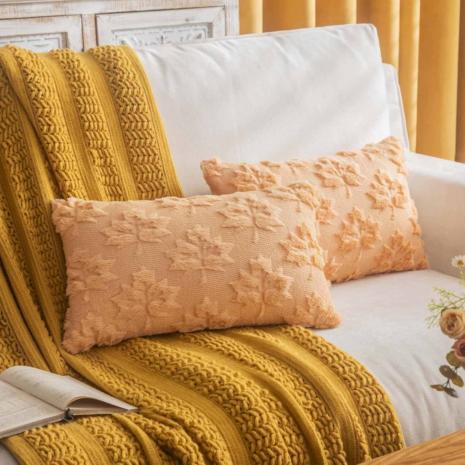 Maple Leaf Fall Throw Pillow Covers 12"x20" Set of 2, Light Gold