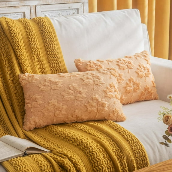 Maple Leaf Fall Throw Pillow Covers 12"x20" Set of 2, Light Gold Farmhouse Decorative Pillow Covers for Autumn Harvest Holiday Accent Pillow Cases, Faux Fur Pillow Covers for Couch Bed Room