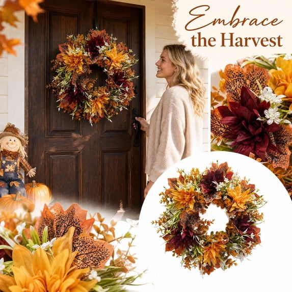Maple Leaf Fall Wreath With Energy-Saving, Sturdy Build For Door, Wall, Living Room, Indoor & Outdoor Use, Creative Decor Accent,Thanksgiving Halloween Door Hanging Decor,1pcs, Light Brown:L