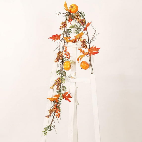 XEAZON Thanksgiving Maple Leaf Garland, 59 in Artificial Fall Foliage Garland with Pumpkins and Berries, Autumn Harvest Hanging Garland for Christmas Home Fireplace Party Decor