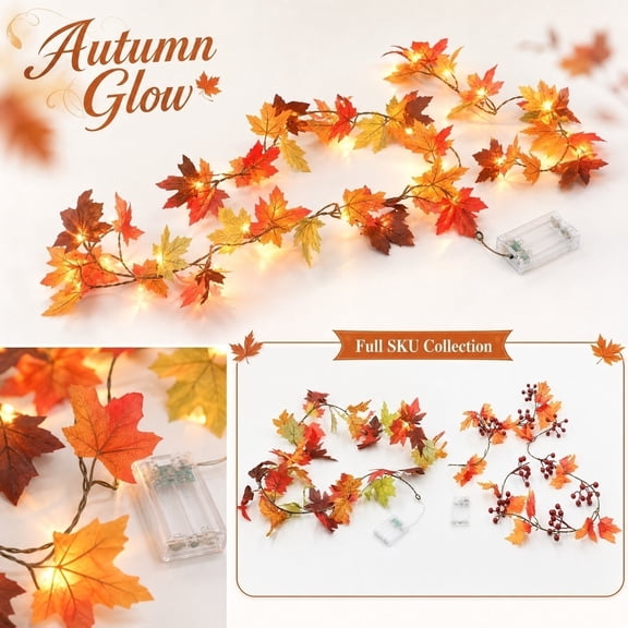 Maple Leaf Garland Lights, 2M Copper Wire LED Vine String Lights Battery Operated, Warm Glow Artificial Autumn Foliage Decor for Thanksgiving Halloween Wedding Home Wall Party Indoor Outdoor