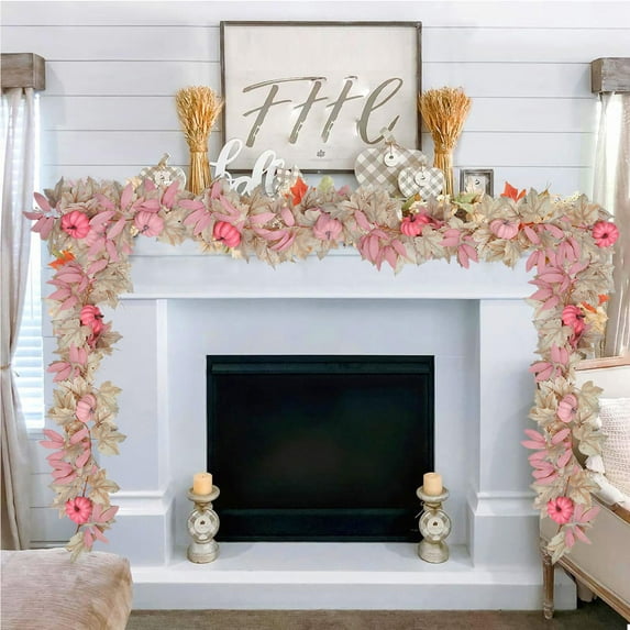Maple Leaf Garlands Rattan for Halloween Decorations, Foldable Beautiful Artificial Garland for Home Garden Wedding Party Thanksgiving Dinner Fireplace Door Frame. 66.93Inch Pink